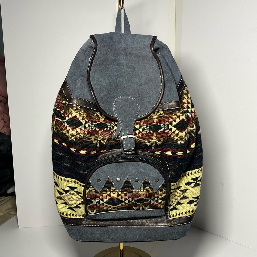 Handmade Southwestern Boho Aztec Woven Backpack Suede Leather Woodstock Artisan